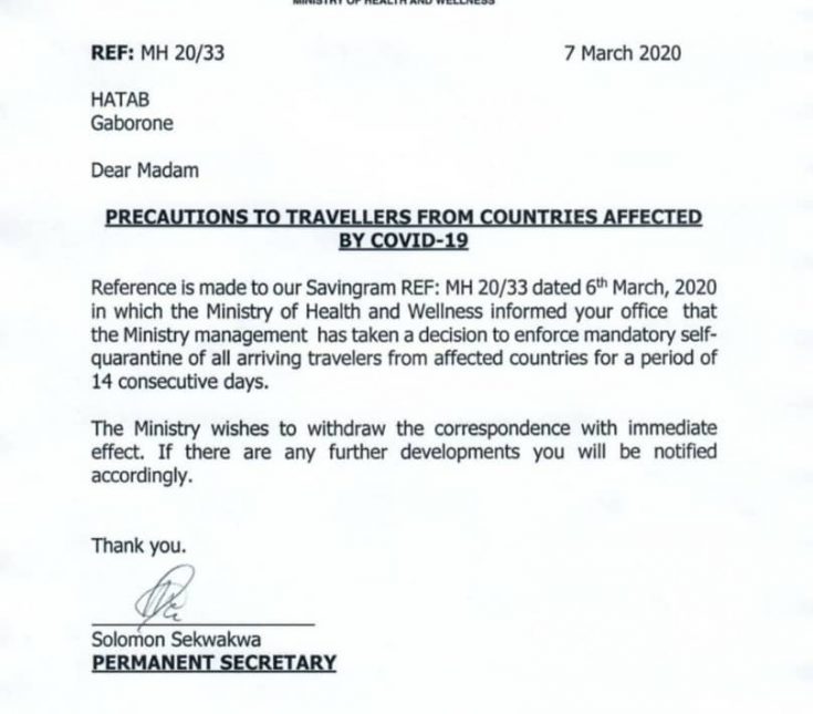 Botswana Retracts Coronavirus Quarantine Statement